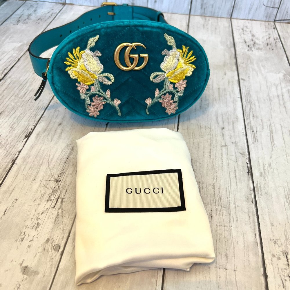 Gucci GG Marmont Authentic Monogram Floral Embroidered Teal Chevron Belt Bag NEW - Picture 3 of 15
